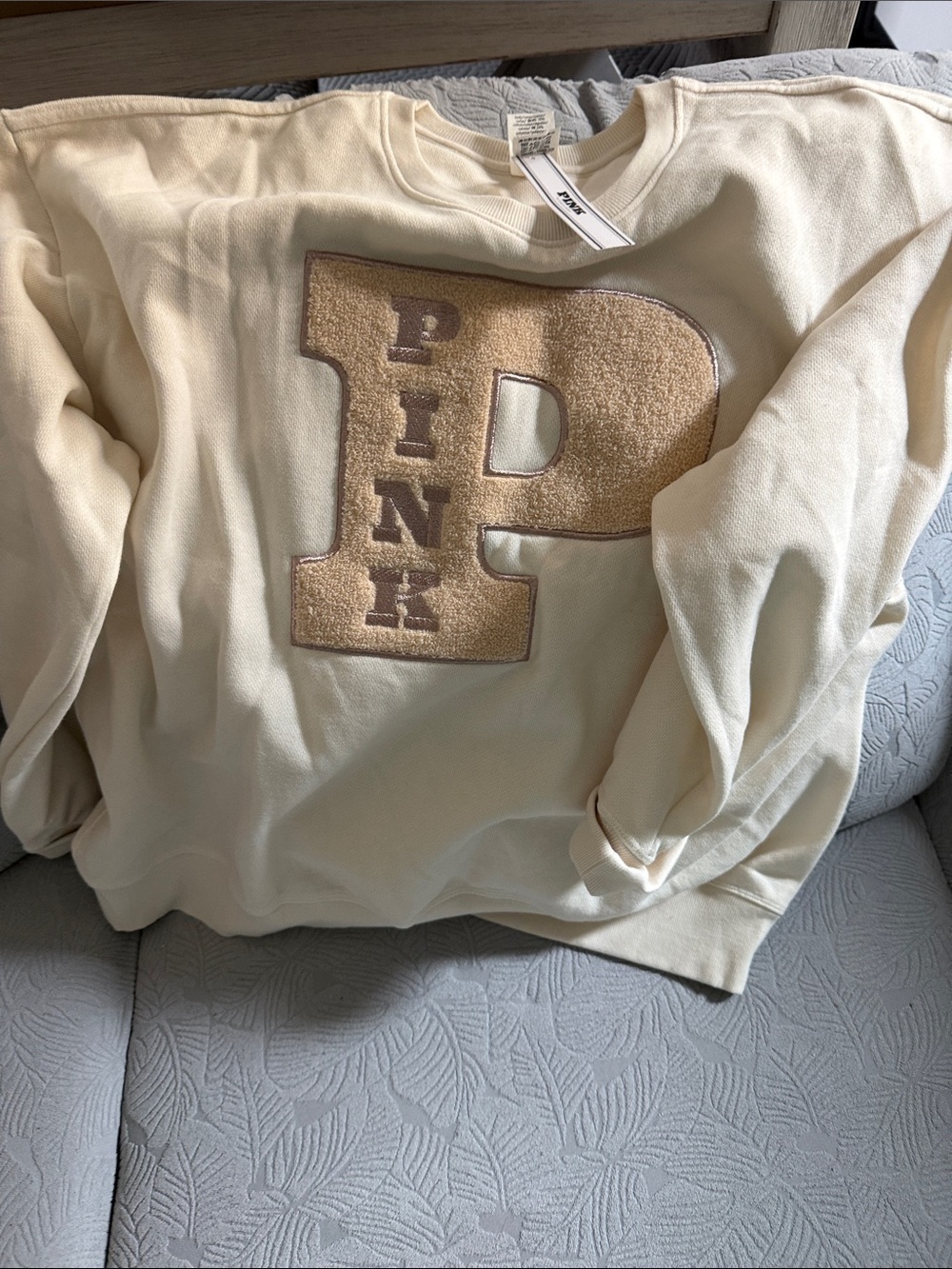 PINK Victoria's Secret Cream Sweatshirt with Tan Appliqué P - Picture 3 of 6